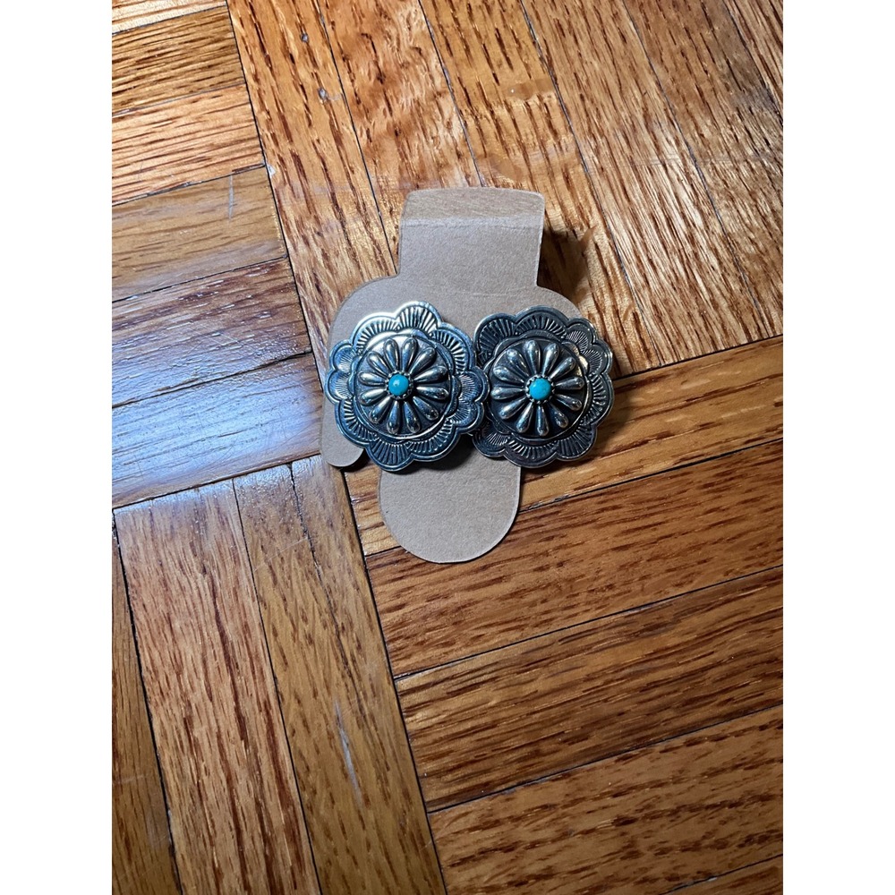 Sterling Silver Turquoise Concho Stud Earrings Southwestern Scalloped Floral 1"